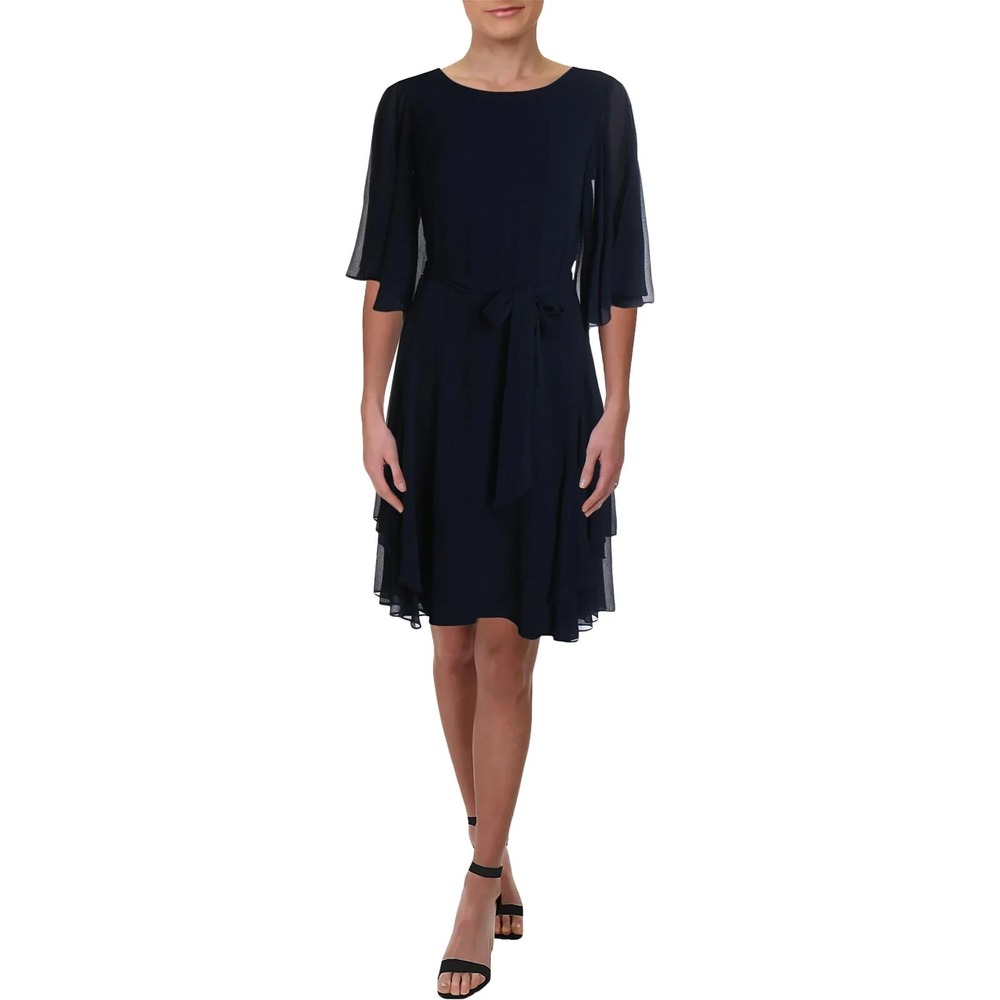 Lauren Ralph Lauren Womens Ruffled Georgette Party Dress Navy Blue Size 4